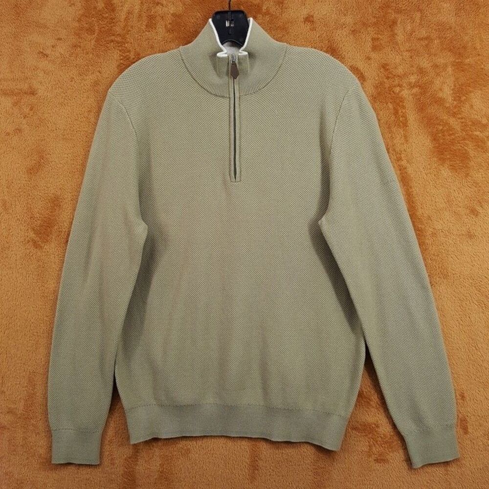 BLOOMINGDALES Sweater Mens Medium Olive Green Quarter Zip Pullover 100% Cotton